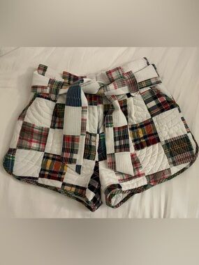 Sezane Plaid Patchwork Quilted Shorts  - White with Multicolor Plaid